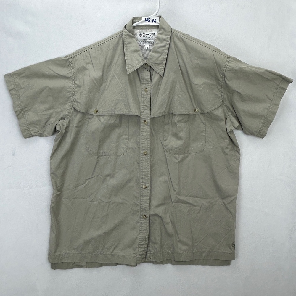PS 14 Columbia Vented Tan/Gray Short Sleeve Button Shirt Damage on Front Pocket - Picture 1 of 4